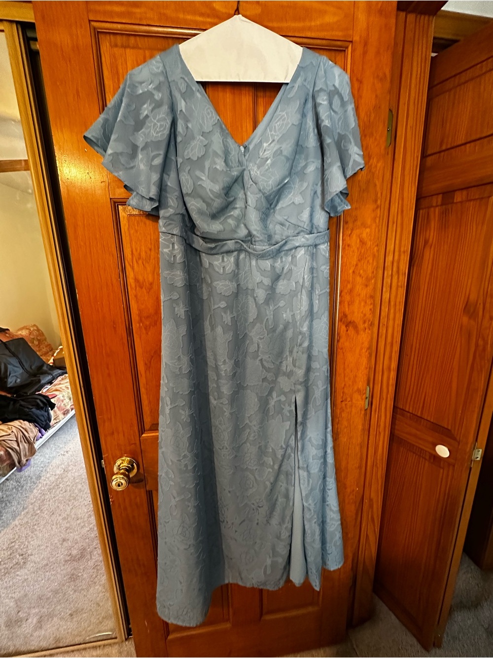 Azazie Powder Blue Flutter Sleeve Lace Gown